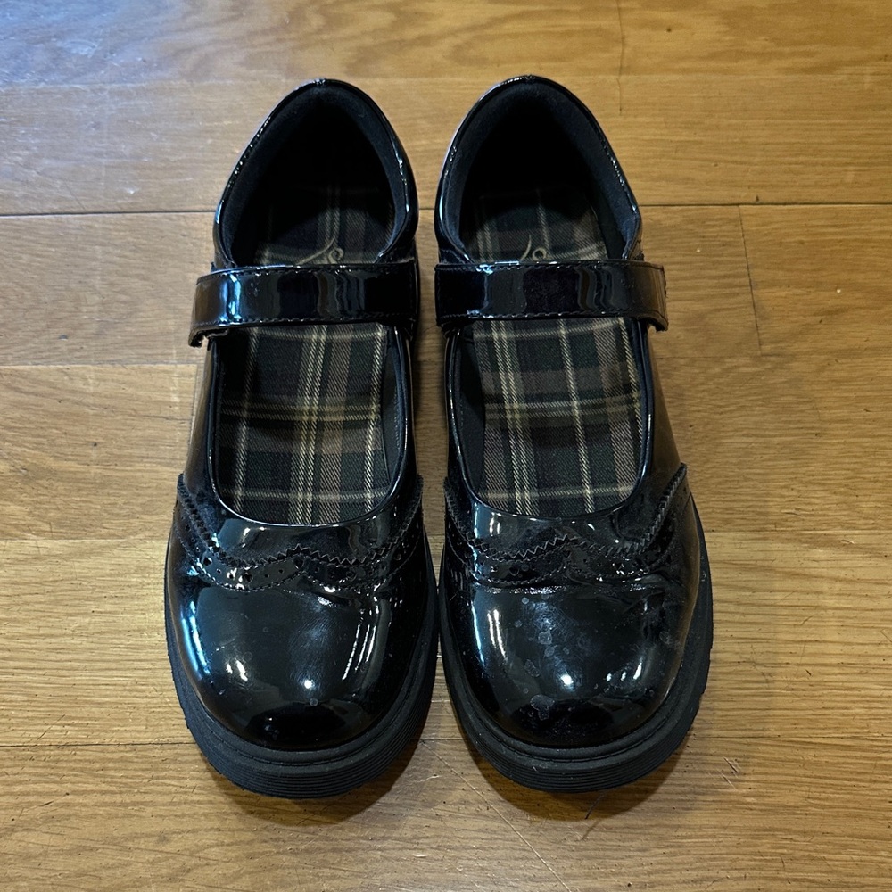 Kids Black Patent Mary Jane Dress Shoes with Hook-and-Loop Strap